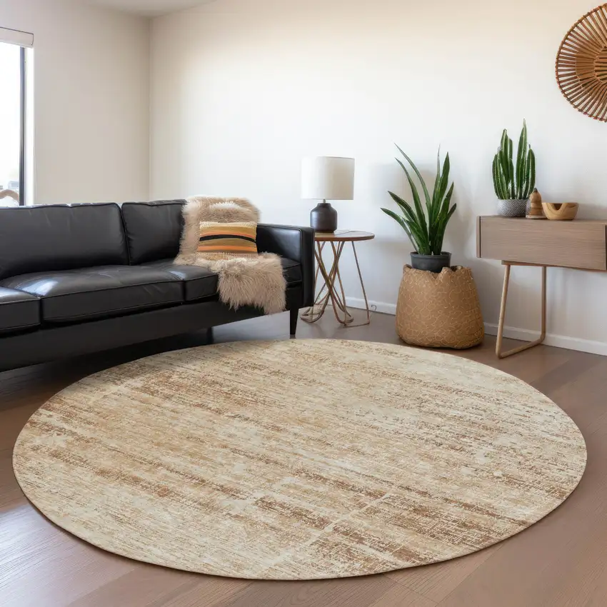 8' Copper Beige And Taupe Round Abstract Washable Indoor Outdoor Area Rug Photo 7