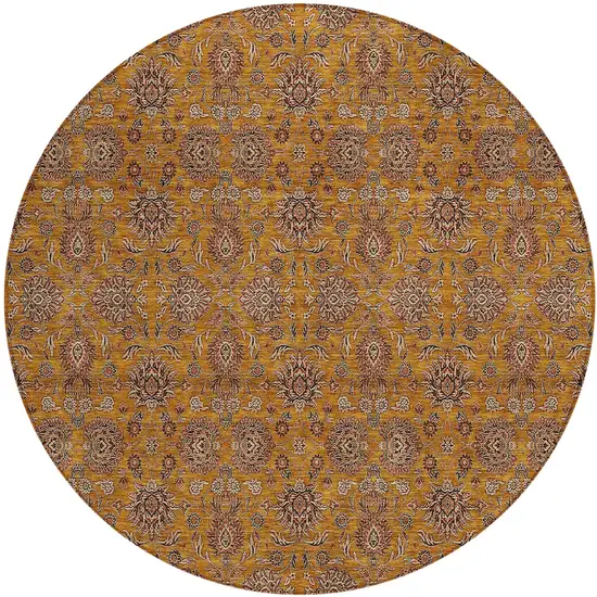 8' Copper Beige And Taupe Round Floral Washable Indoor Outdoor Area Rug Photo 2