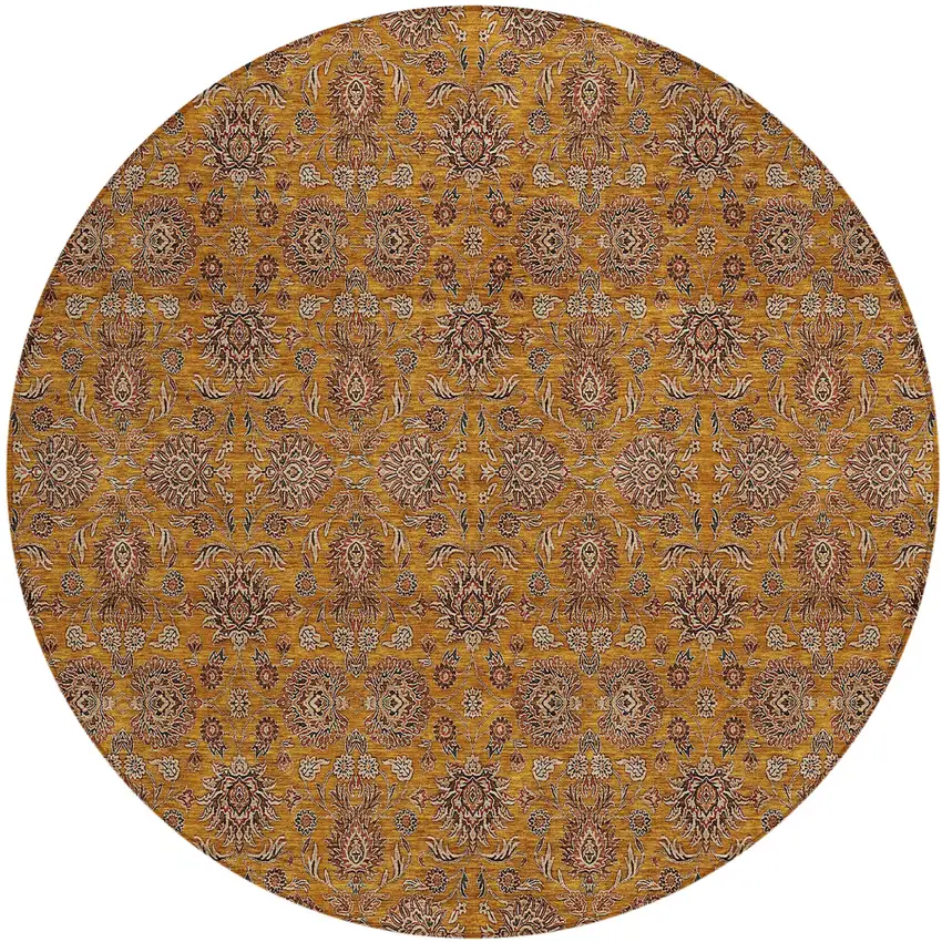 8' Copper Beige And Taupe Round Floral Washable Indoor Outdoor Area Rug Photo 2