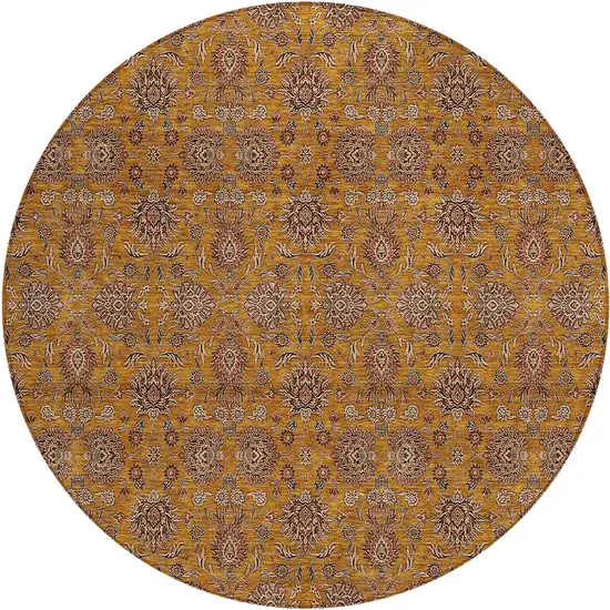 8' Copper Beige And Taupe Round Floral Washable Indoor Outdoor Area Rug Photo 2