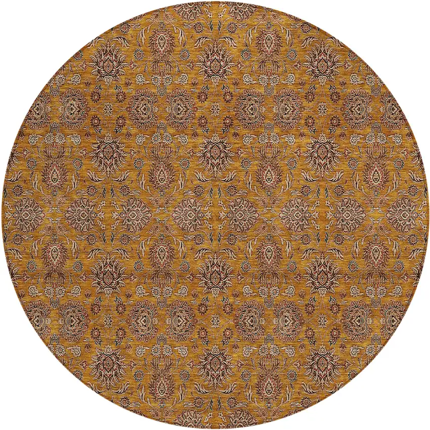 8' Copper Beige And Taupe Round Floral Washable Indoor Outdoor Area Rug Photo 2