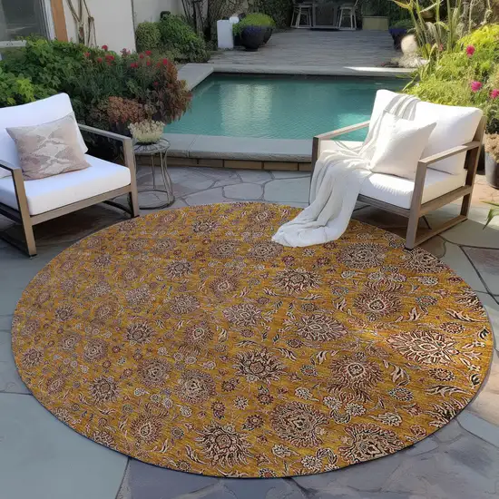 8' Copper Beige And Taupe Round Floral Washable Indoor Outdoor Area Rug Photo 7