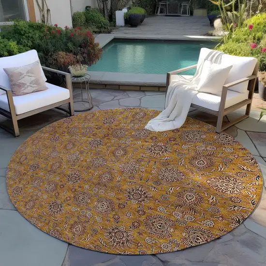 8' Copper Beige And Taupe Round Floral Washable Indoor Outdoor Area Rug Photo 7