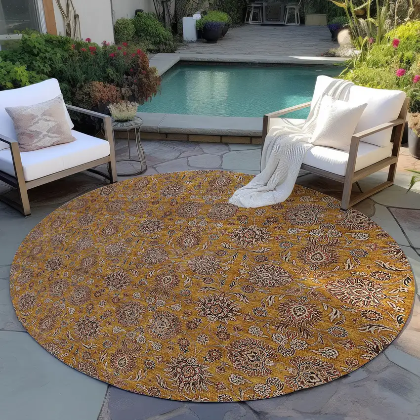 8' Copper Beige And Taupe Round Floral Washable Indoor Outdoor Area Rug Photo 7