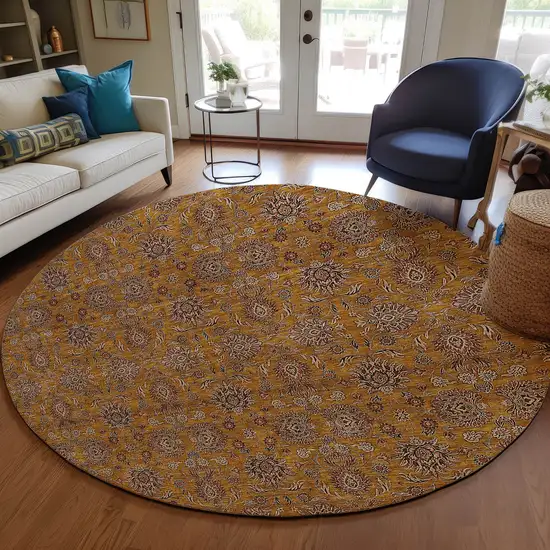 8' Copper Beige And Taupe Round Floral Washable Indoor Outdoor Area Rug Photo 8