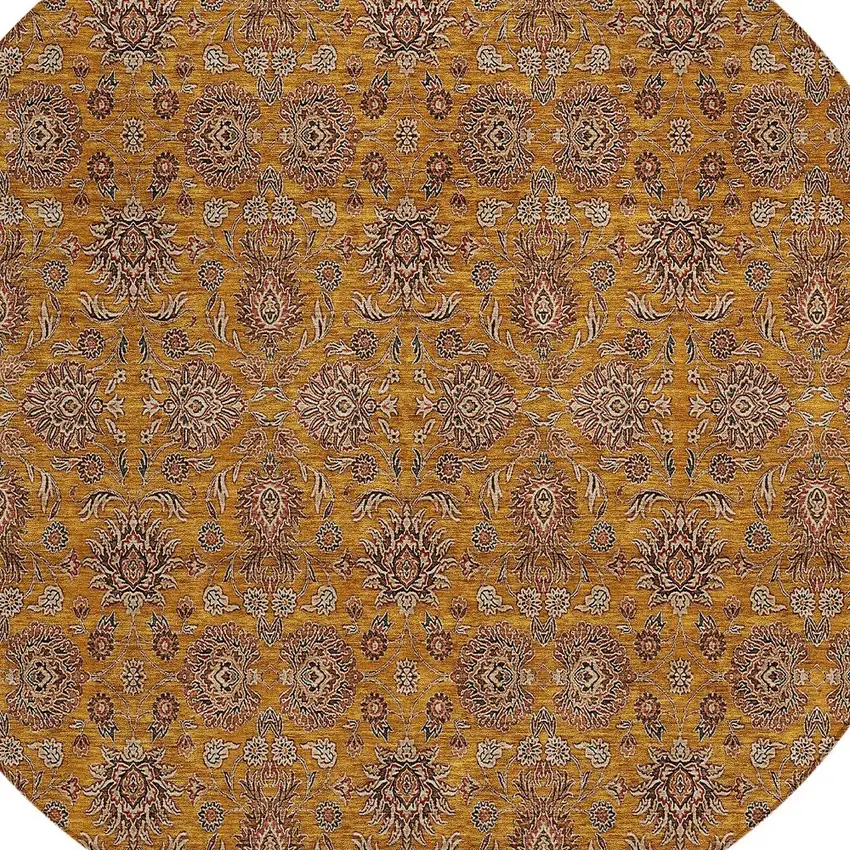 8' Copper Beige And Taupe Round Floral Washable Indoor Outdoor Area Rug Photo 5