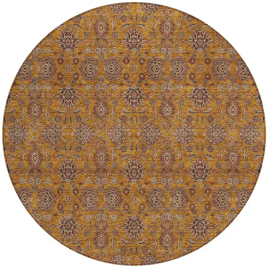 8' Copper Beige And Taupe Round Floral Washable Indoor Outdoor Area Rug Photo 6