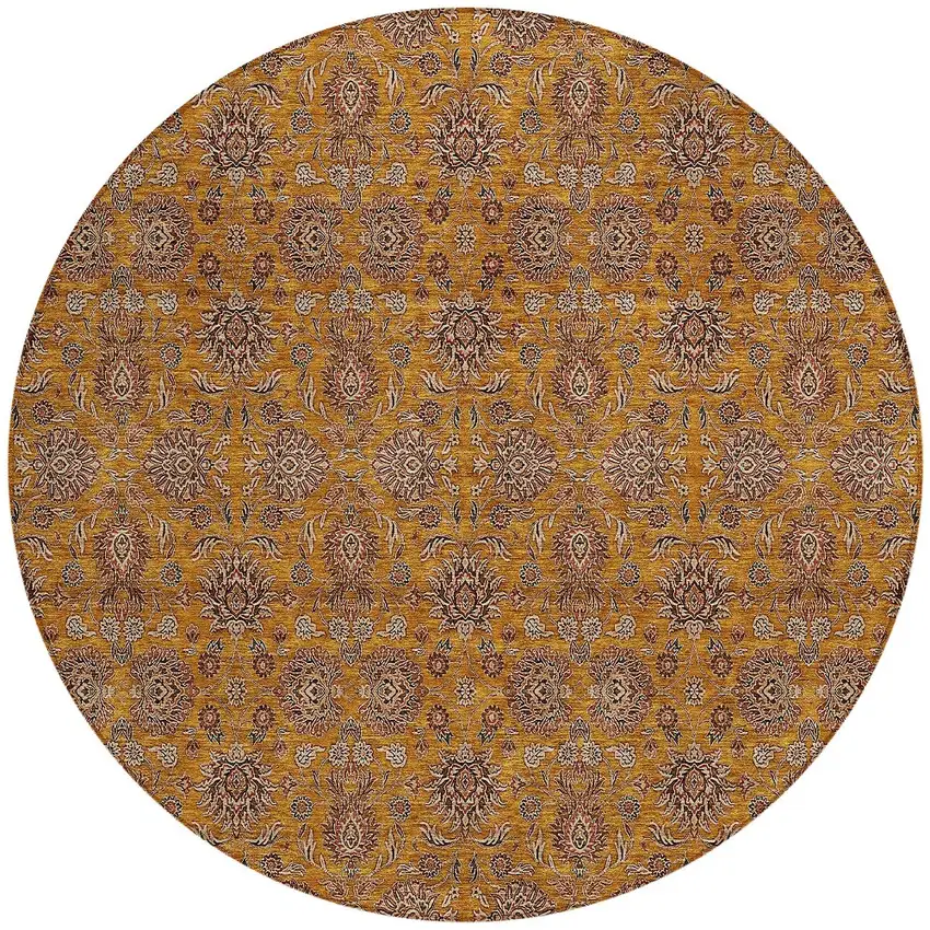 8' Copper Beige And Taupe Round Floral Washable Indoor Outdoor Area Rug Photo 6