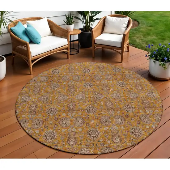 8' Copper Beige And Taupe Round Floral Washable Indoor Outdoor Area Rug Photo 1
