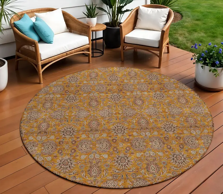 8' Copper Beige And Taupe Round Floral Washable Indoor Outdoor Area Rug Photo 1