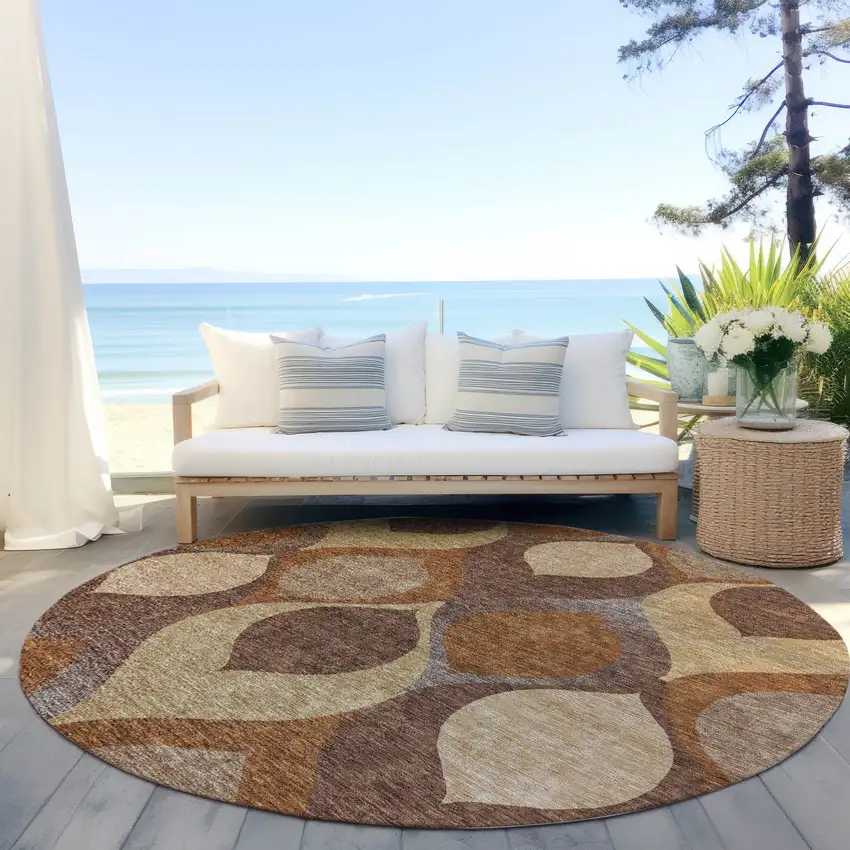 8' Copper Beige And Taupe Round Ogee Washable Indoor Outdoor Area Rug Photo 6