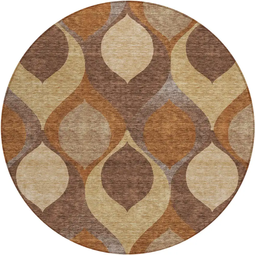 8' Copper Beige And Taupe Round Ogee Washable Indoor Outdoor Area Rug Photo 1