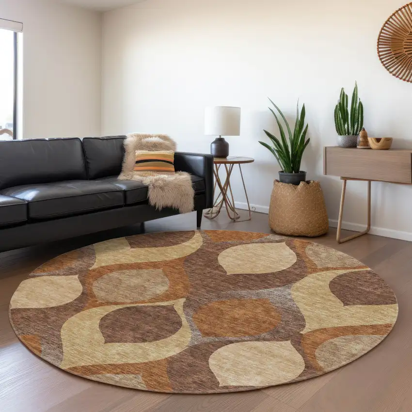 8' Copper Beige And Taupe Round Ogee Washable Indoor Outdoor Area Rug Photo 7