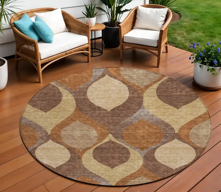 8' Copper Beige And Taupe Round Ogee Washable Indoor Outdoor Area Rug Photo 1