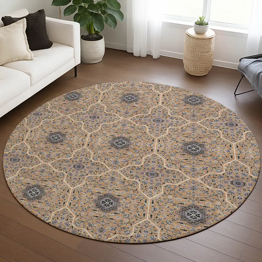 8' Copper Black And Brown Round Oriental Washable Indoor Outdoor Area Rug Photo 5