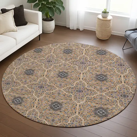 8' Copper Black And Brown Round Oriental Washable Indoor Outdoor Area Rug Photo 5
