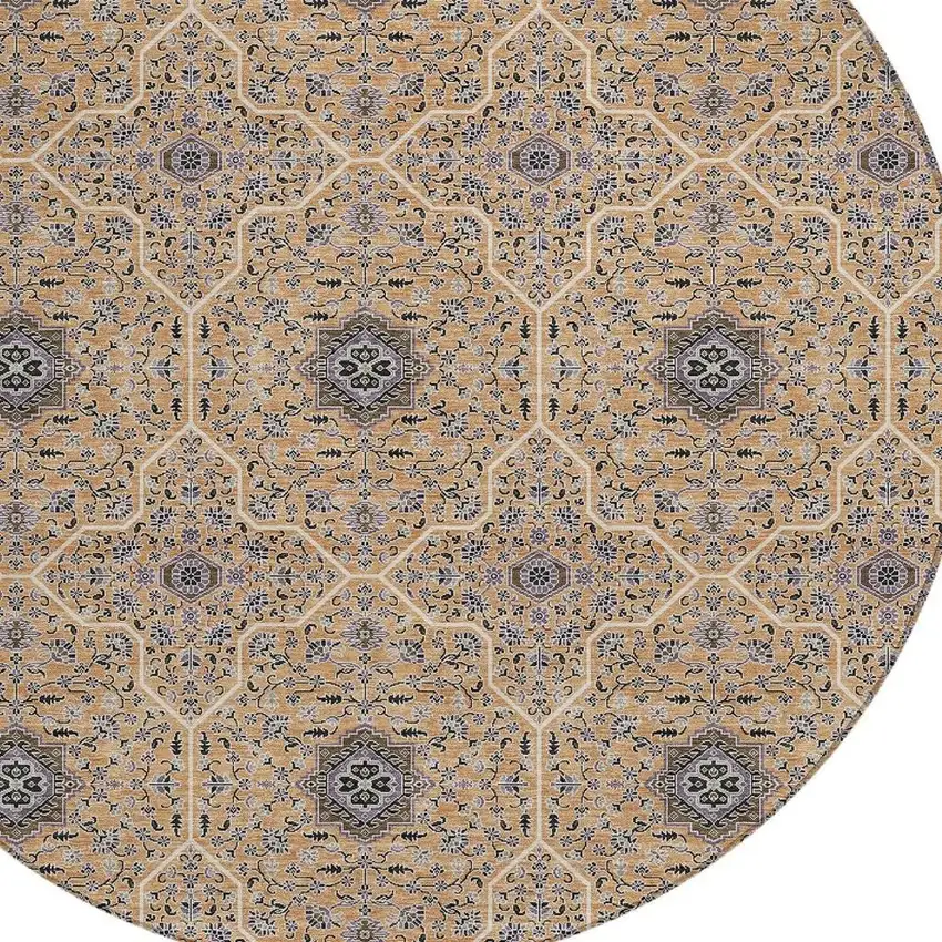 8' Copper Black And Brown Round Oriental Washable Indoor Outdoor Area Rug Photo 2