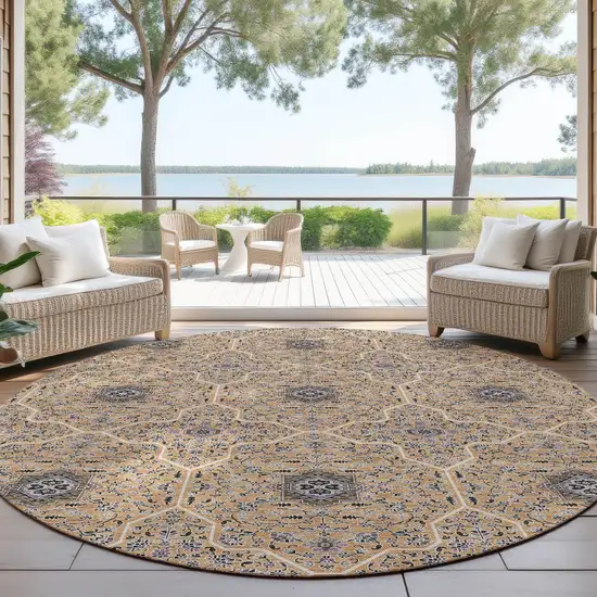 8' Copper Black And Brown Round Oriental Washable Indoor Outdoor Area Rug Photo 4