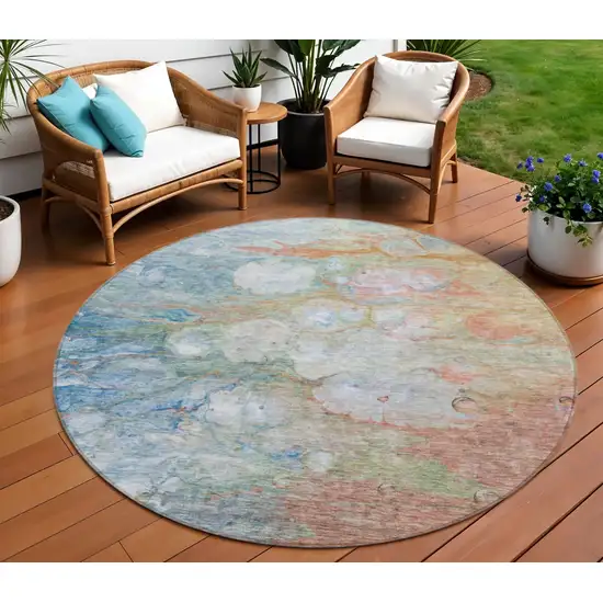 8' Copper Blue And Artichoke Green Round Abstract Washable Indoor Outdoor Area Rug Photo 1