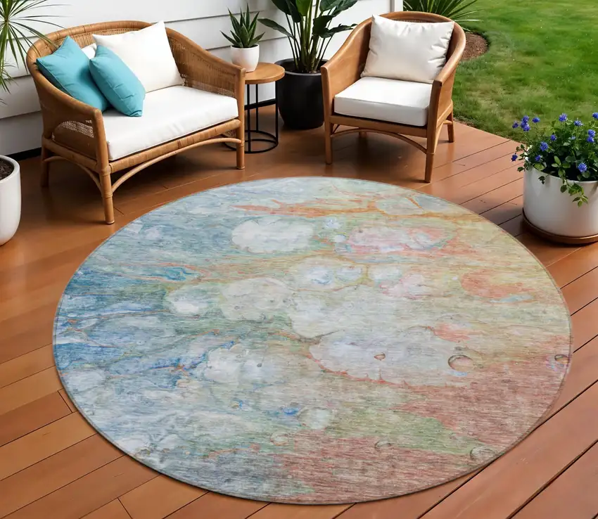 8' Copper Blue And Artichoke Green Round Abstract Washable Indoor Outdoor Area Rug Photo 1