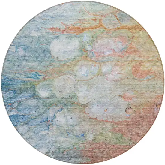 8' Copper Blue And Artichoke Green Round Abstract Washable Indoor Outdoor Area Rug Photo 1