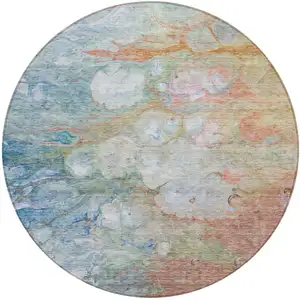 Photo of 8' Copper Blue And Artichoke Green Round Abstract Washable Indoor Outdoor Area Rug