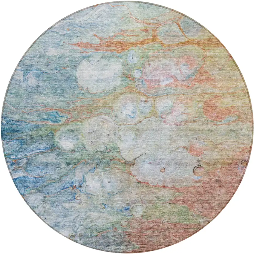8' Copper Blue And Artichoke Green Round Abstract Washable Indoor Outdoor Area Rug Photo 1