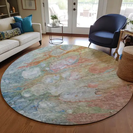 8' Copper Blue And Artichoke Green Round Abstract Washable Indoor Outdoor Area Rug Photo 8