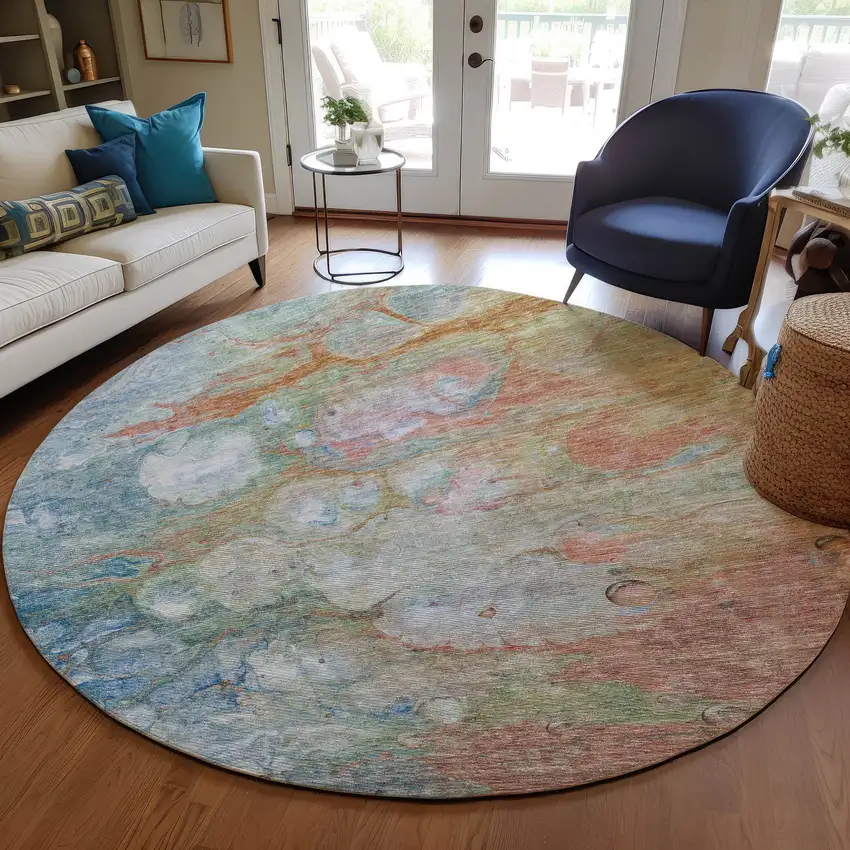 8' Copper Blue And Artichoke Green Round Abstract Washable Indoor Outdoor Area Rug Photo 8