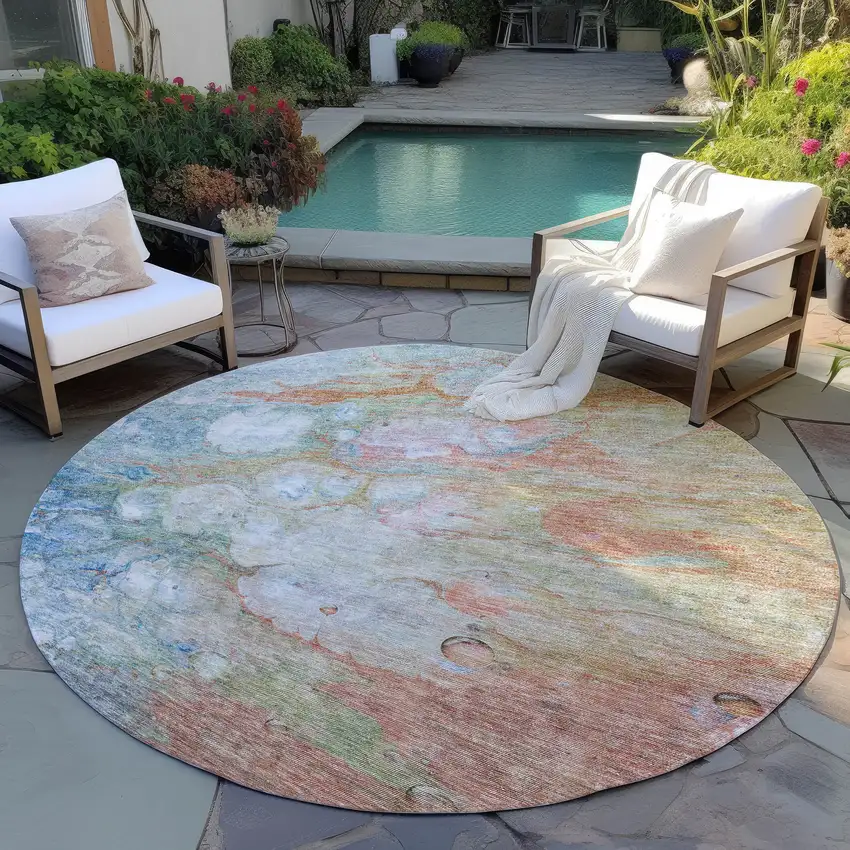 8' Copper Blue And Artichoke Green Round Abstract Washable Indoor Outdoor Area Rug Photo 7