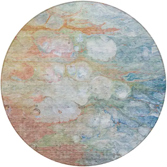 8' Copper Blue And Artichoke Green Round Abstract Washable Indoor Outdoor Area Rug Photo 6
