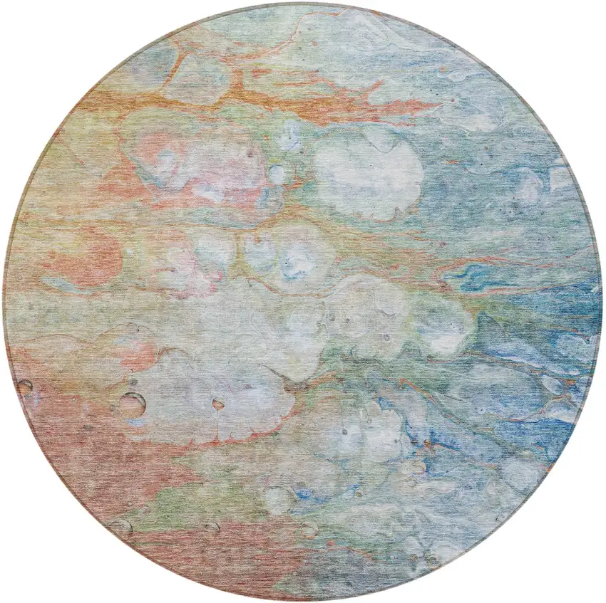 8' Copper Blue And Artichoke Green Round Abstract Washable Indoor Outdoor Area Rug Photo 6