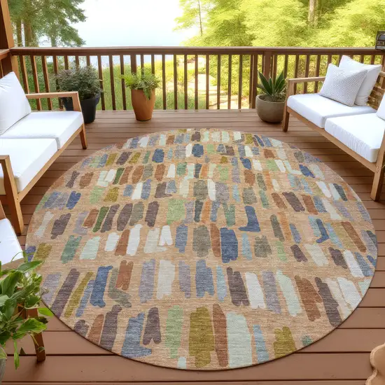 8' Copper Blue And Ivory Round Striped Washable Indoor Outdoor Area Rug Photo 4