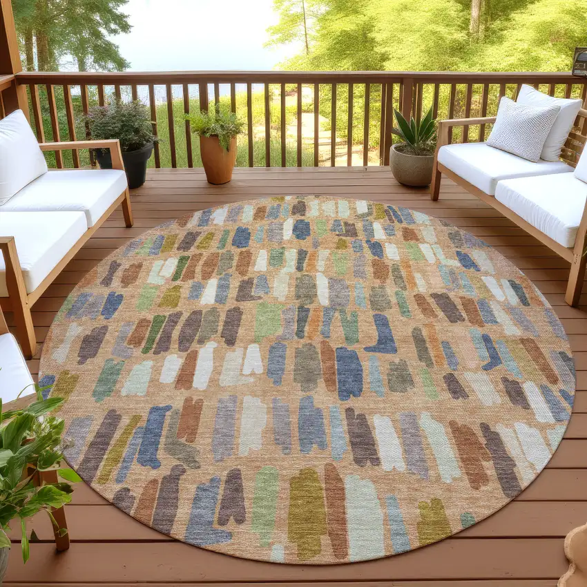 8' Copper Blue And Ivory Round Striped Washable Indoor Outdoor Area Rug Photo 4