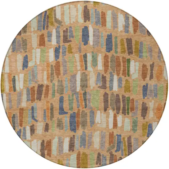 8' Copper Blue And Ivory Round Striped Washable Indoor Outdoor Area Rug Photo 3