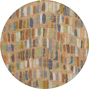 Photo of 8' Copper Blue And Ivory Round Striped Washable Indoor Outdoor Area Rug