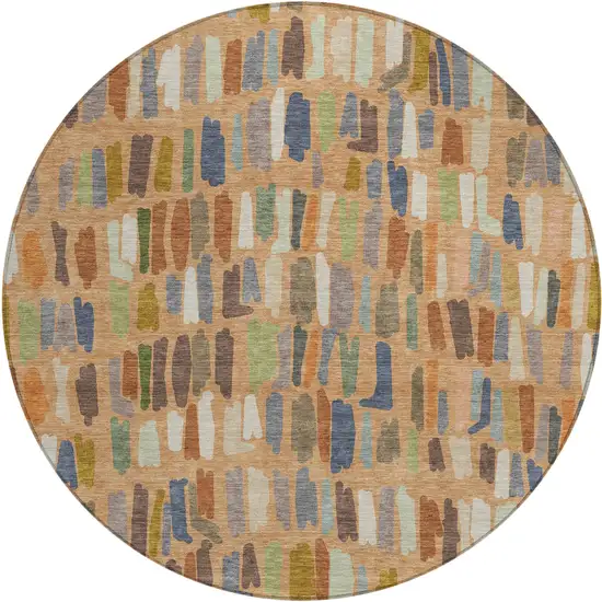 8' Copper Blue And Ivory Round Striped Washable Indoor Outdoor Area Rug Photo 1