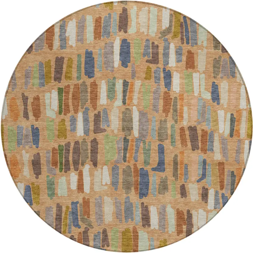 8' Copper Blue And Ivory Round Striped Washable Indoor Outdoor Area Rug Photo 1