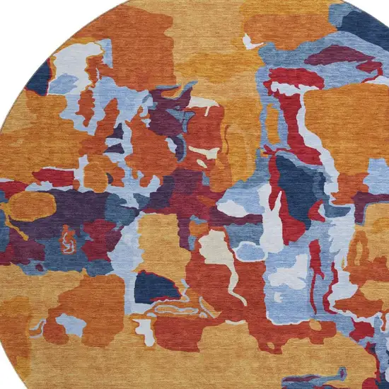 8' Copper Blue And Orange Abstract Washable Round Rug With UV Protection Photo 2