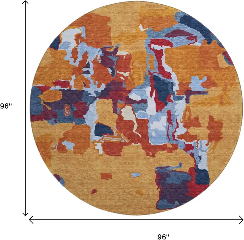 8' Copper Blue And Orange Abstract Washable Round Rug With UV Protection Photo 9