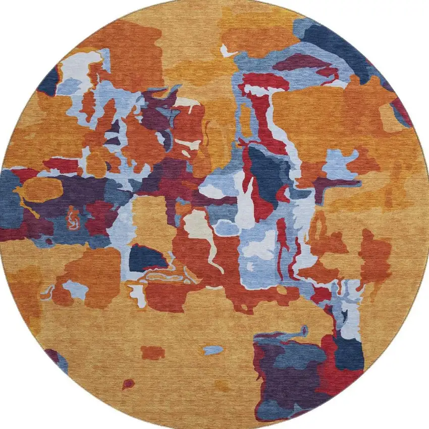 8' Copper Blue And Orange Abstract Washable Round Rug With UV Protection Photo 3