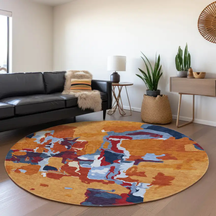 8' Copper Blue And Orange Abstract Washable Round Rug With UV Protection Photo 4
