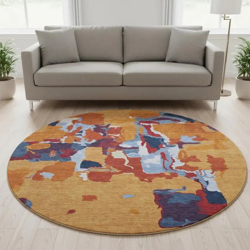 8' Copper Blue And Orange Abstract Washable Round Rug With UV Protection Photo 2