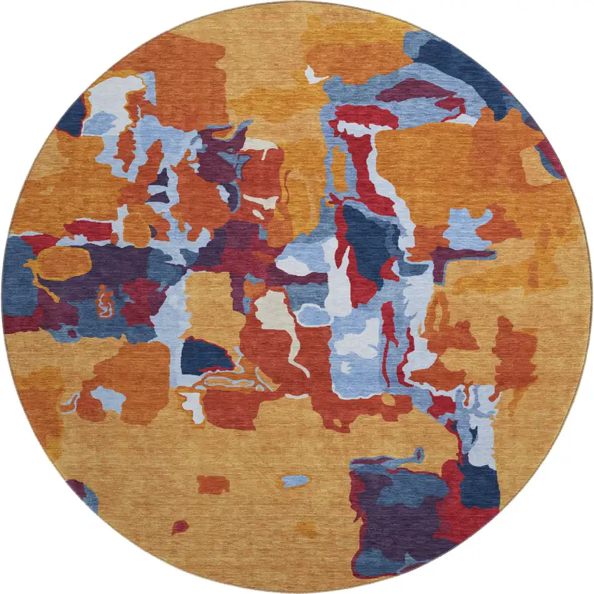 8' Copper Blue And Orange Abstract Washable Round Rug With UV Protection Photo 1