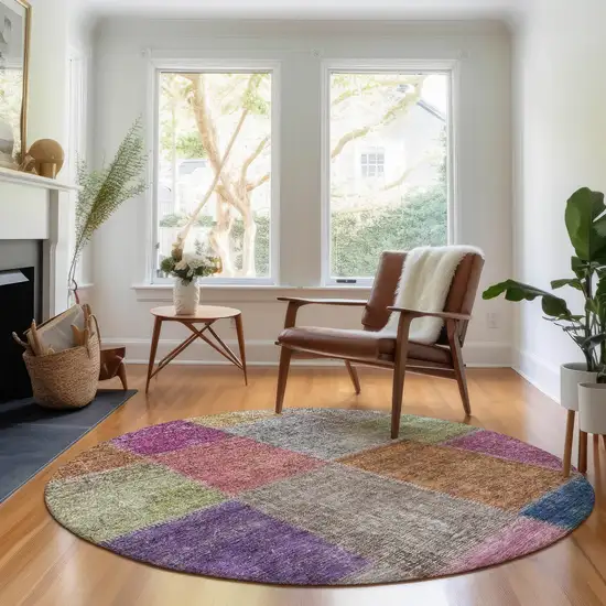 8' Copper Blue And Purple Patchwork Washable Round Rug With UV Protection Photo 5