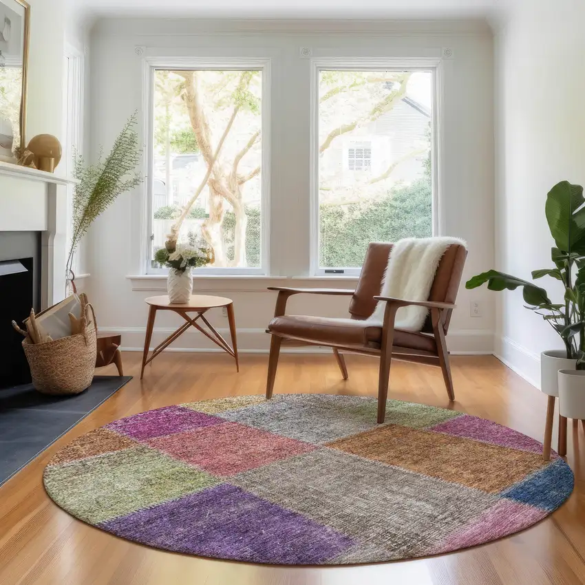8' Copper Blue And Purple Patchwork Washable Round Rug With UV Protection Photo 5