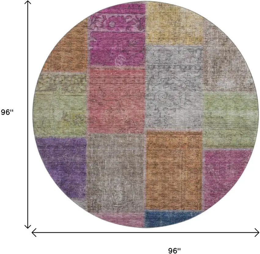 8' Copper Blue And Purple Patchwork Washable Round Rug With UV Protection Photo 6