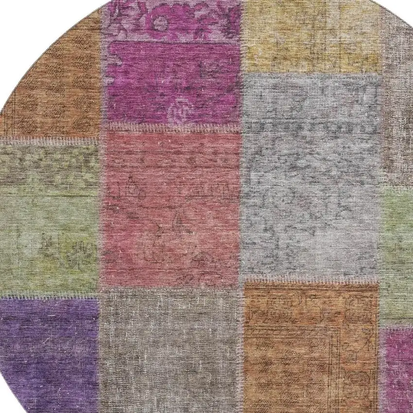 8' Copper Blue And Purple Patchwork Washable Round Rug With UV Protection Photo 4