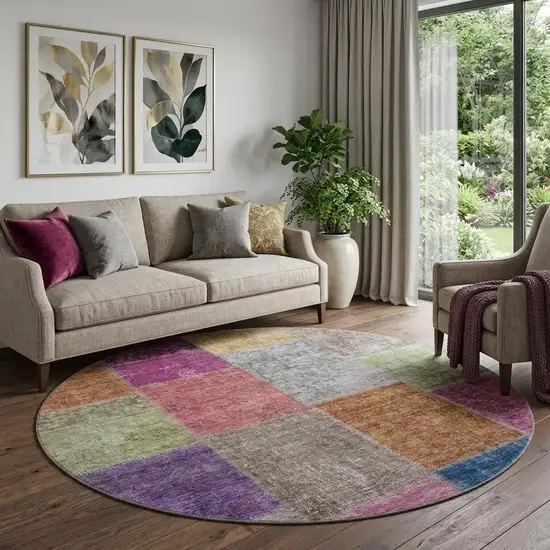 8' Copper Blue And Purple Patchwork Washable Round Rug With UV Protection Photo 1