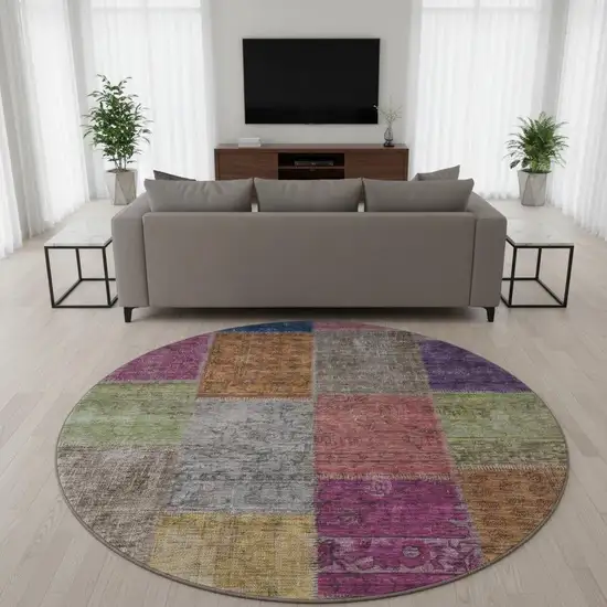8' Copper Blue And Purple Patchwork Washable Round Rug With UV Protection Photo 2